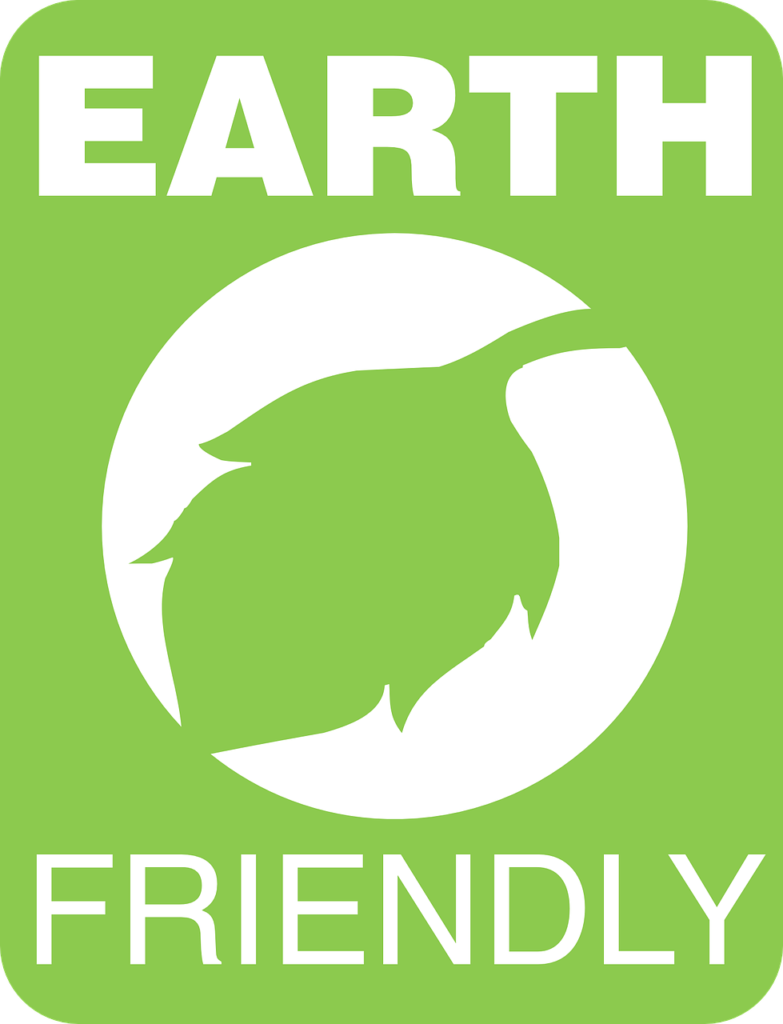 Graphic of a leaf with the text "earth friendly" surrounding it.