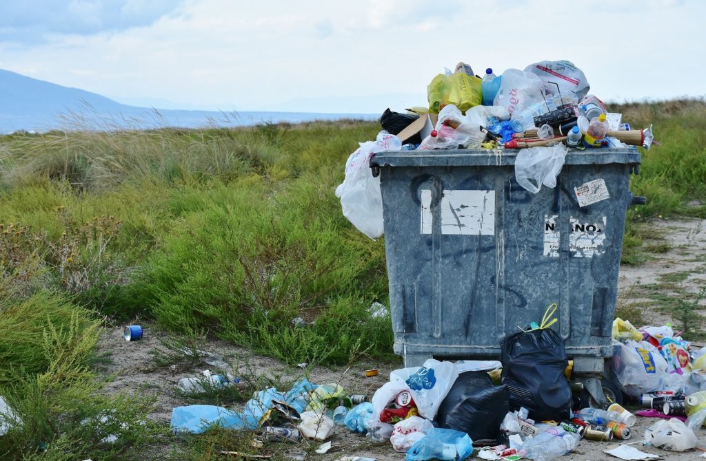 Image of waste container with plastic waste overflowing into the natural environment.