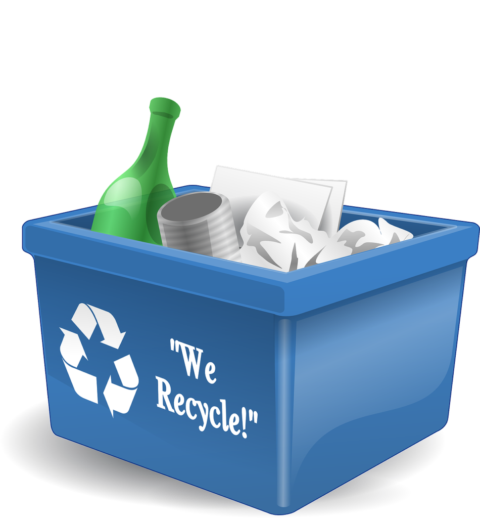 Graphic of a blue recycling bin filled with recyclable paper plastic glass and metal.